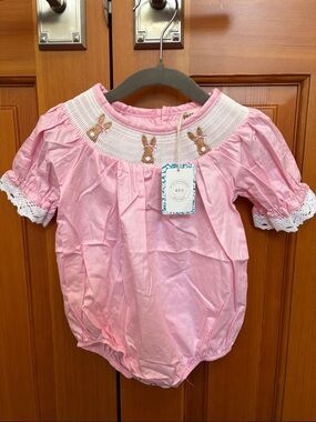 Rylee Faith Pink Smocked Bunny One-Piece Bubble 12 Month NWT